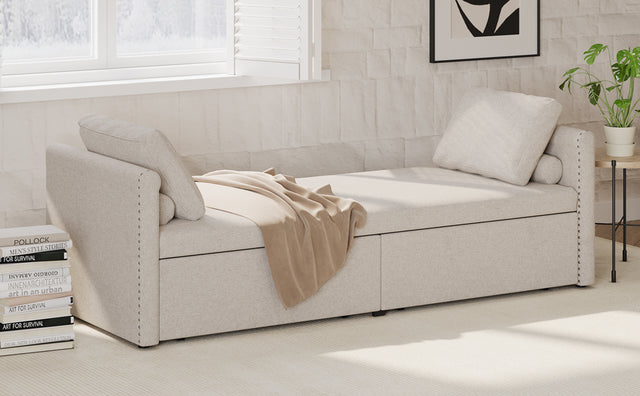 Modern cushioned lounge chair sofa bed with 2 drawers, small single sofa bed without mattress, linen, beige - V.I.P Digital Presence