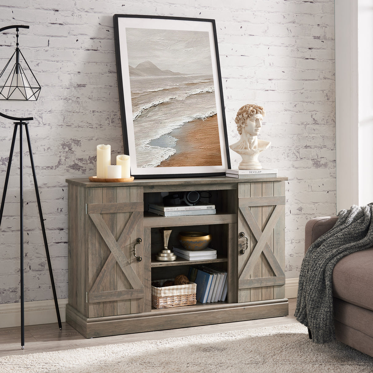 Farmhouse Classic Media TV Stand Antique Entertainment Console for TV up to 50" with Open and Closed Storage Space - V.I.P Digital Presence