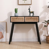 Side table with two real rattan drawers, solid wood table legs,can be used in the dining room, living room,bedroom - V.I.P Digital Presence