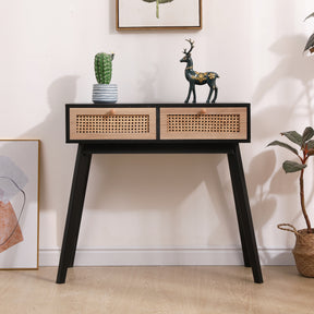 Side table with two real rattan drawers, solid wood table legs,can be used in the dining room, living room,bedroom - V.I.P Digital Presence