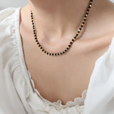 Square titanium steel gold-plated natural black agate stone handmade bead necklace jewelry for women - V.I.P Digital Presence