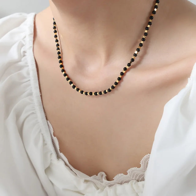 Square titanium steel gold-plated natural black agate stone handmade bead necklace jewelry for women - V.I.P Digital Presence