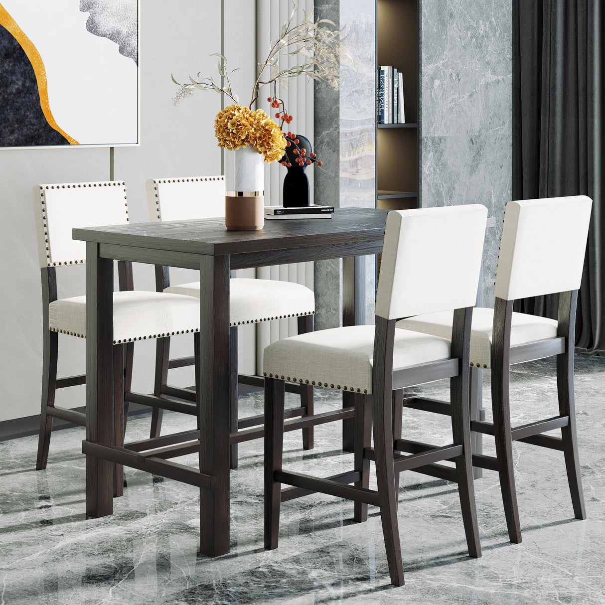 TREXM 5-Piece Counter Height Dining Set, Classic Elegant Table and 4 Chairs in Espresso and Beige - V.I.P Digital Presence
