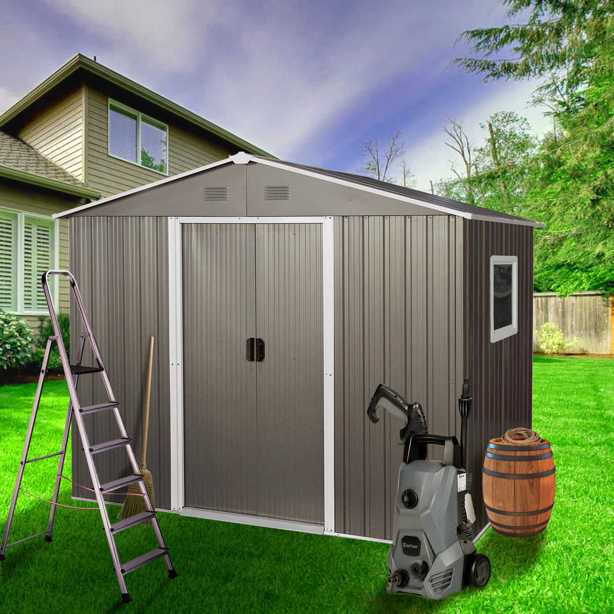 8ft x 6ft Outdoor Metal Storage Shed with Window Grey(W540S00016) - V.I.P Digital Presence