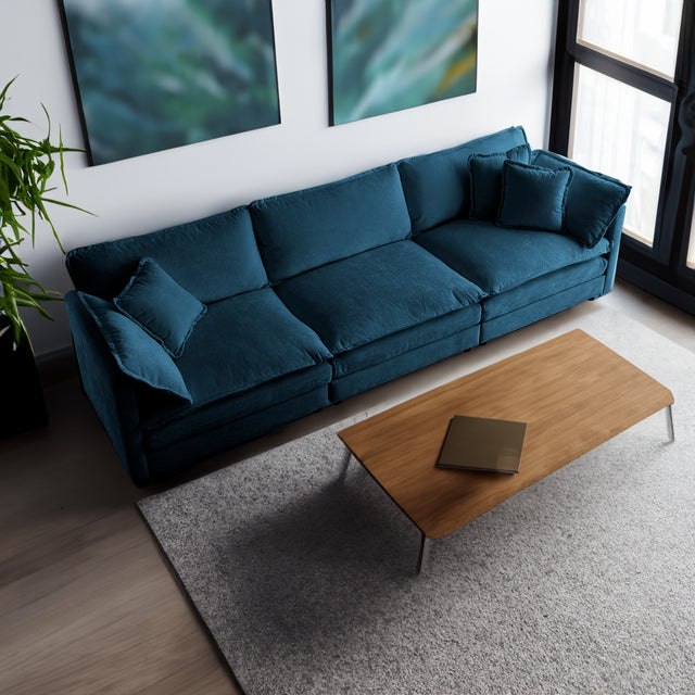 Mid-Century Modern Couch 3-Seater Sofa with 2 Armrest Pillows and 3 Toss Pillows, Couch for Living Room Blue Chenille - V.I.P Digital Presence