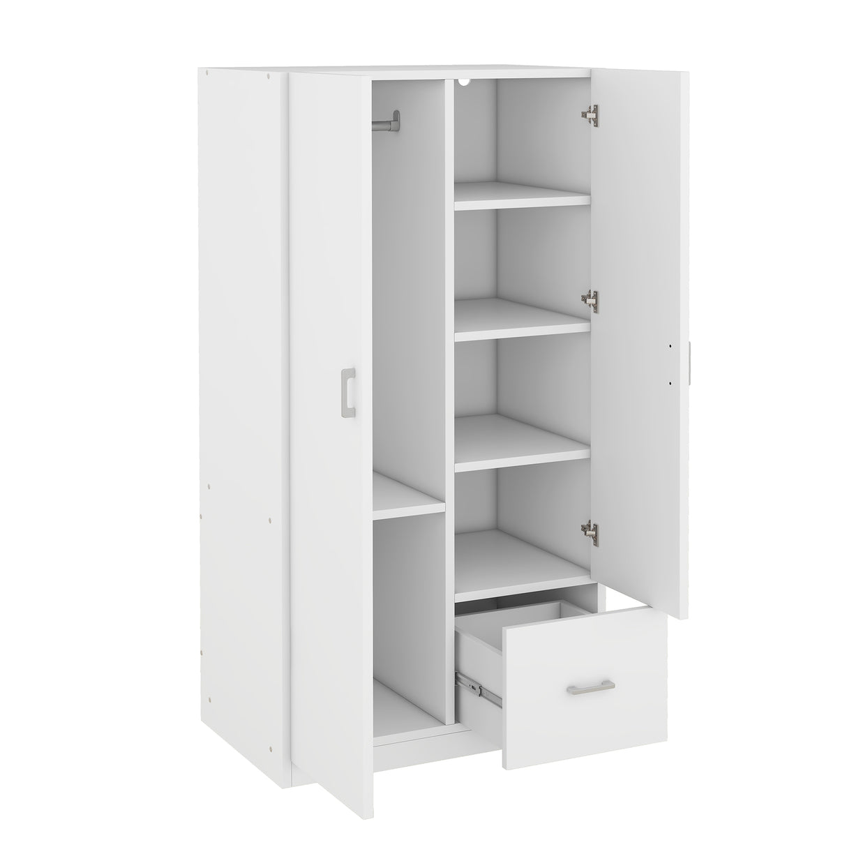 Wooden Wardrobe with Double Doors, Armoire with Hanging Rod, 5 Fixed Shelves, One Storage Drawer,White - V.I.P Digital Presence