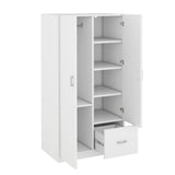 Wooden Wardrobe with Double Doors, Armoire with Hanging Rod, 5 Fixed Shelves, One Storage Drawer,White - V.I.P Digital Presence