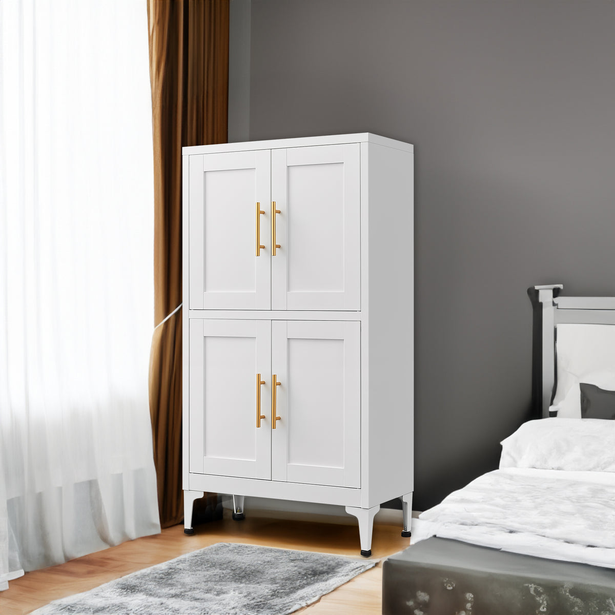 White metal kitchen storage cabinet, kitchen pantry storage cabinet with door and shelf, adjustable leveling feet - V.I.P Digital Presence