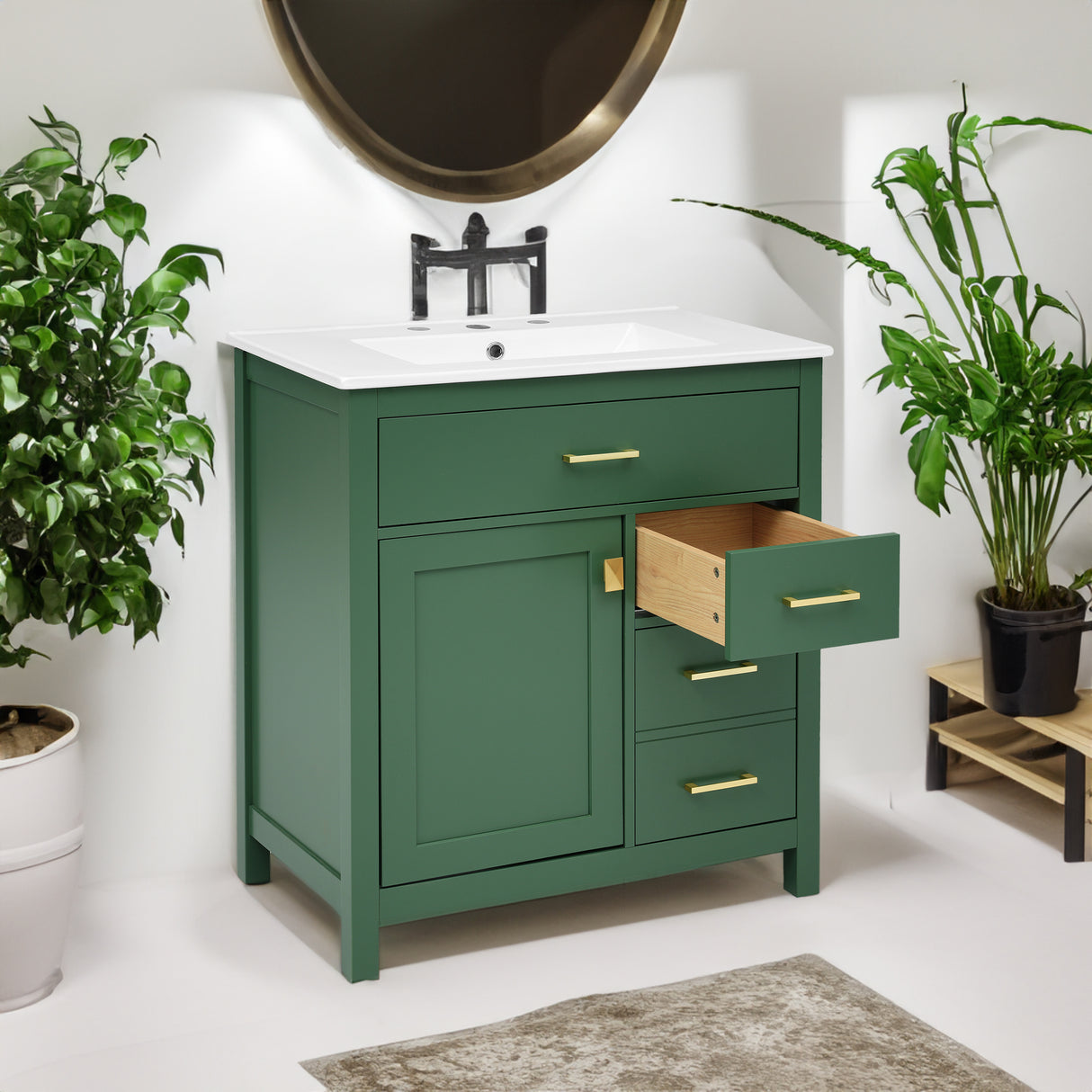 30-Inch Green Bathroom Vanity with Ceramic Sink and Ample Storage - Ideal Choice for Small Bathrooms - V.I.P Digital Presence