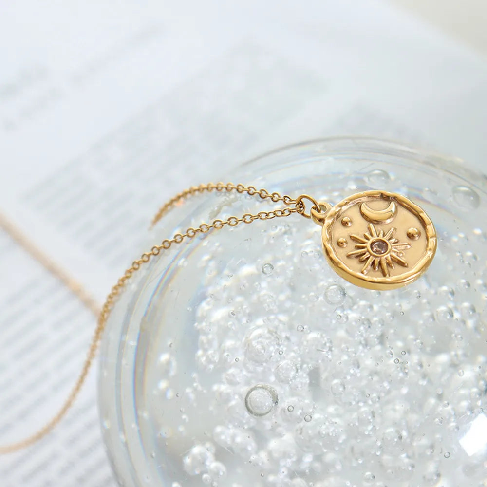 Zircon Star Moon Romantic Necklace Titanium Steel Gold Plated Round Pendant Neck Chain - V.I.P Digital Presence