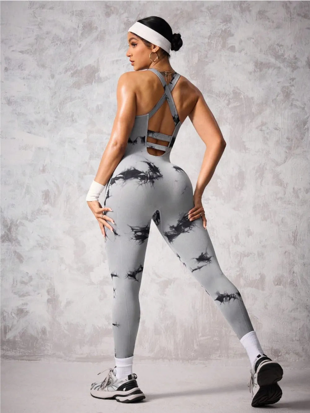 Back Crisscross Tie-Dye Scoop Neck Active Jumpsuit - V.I.P Digital Presence
