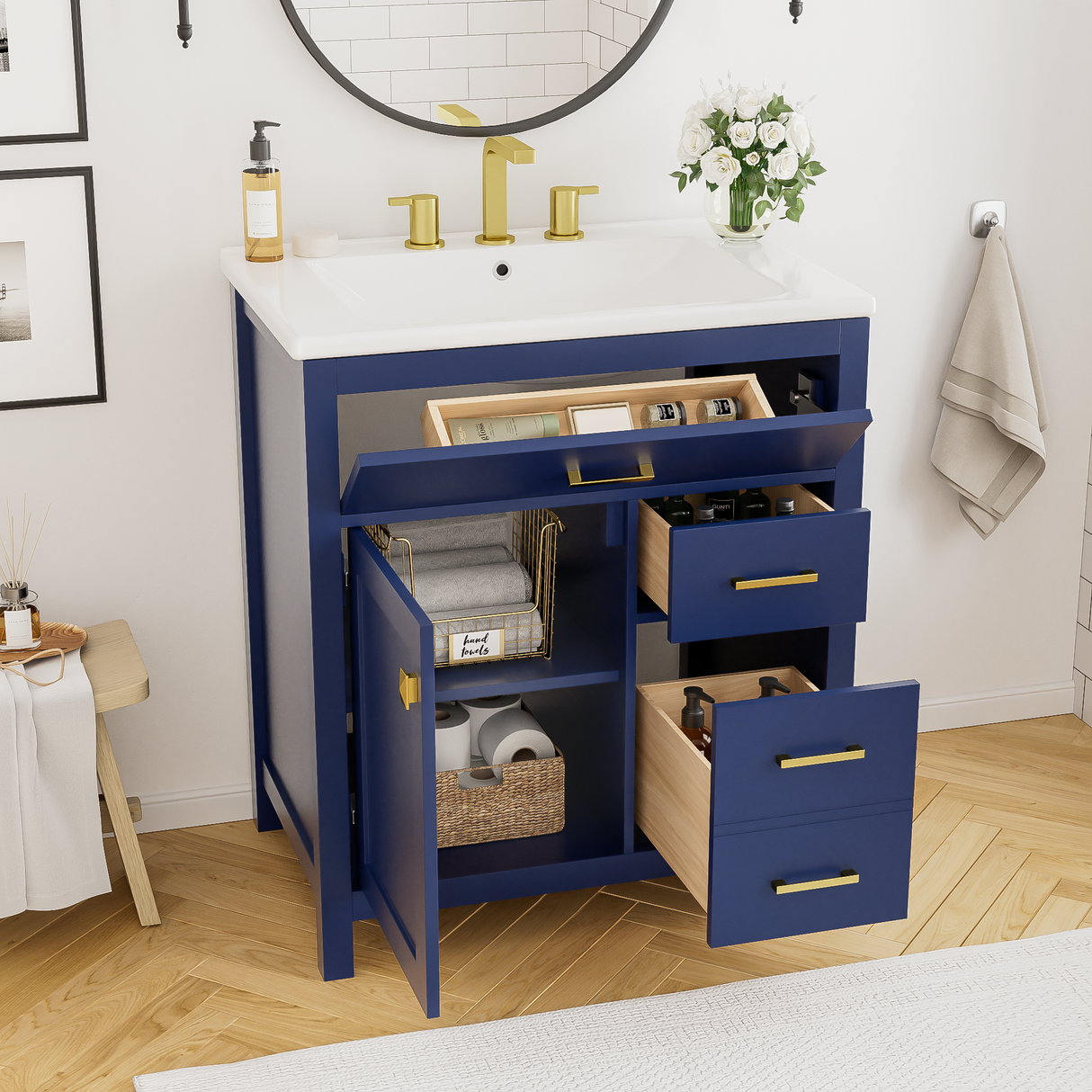 30-Inch Blue Bathroom Vanity with Ceramic Sink and Ample Storage - Ideal Choice for Small Bathrooms - V.I.P Digital Presence