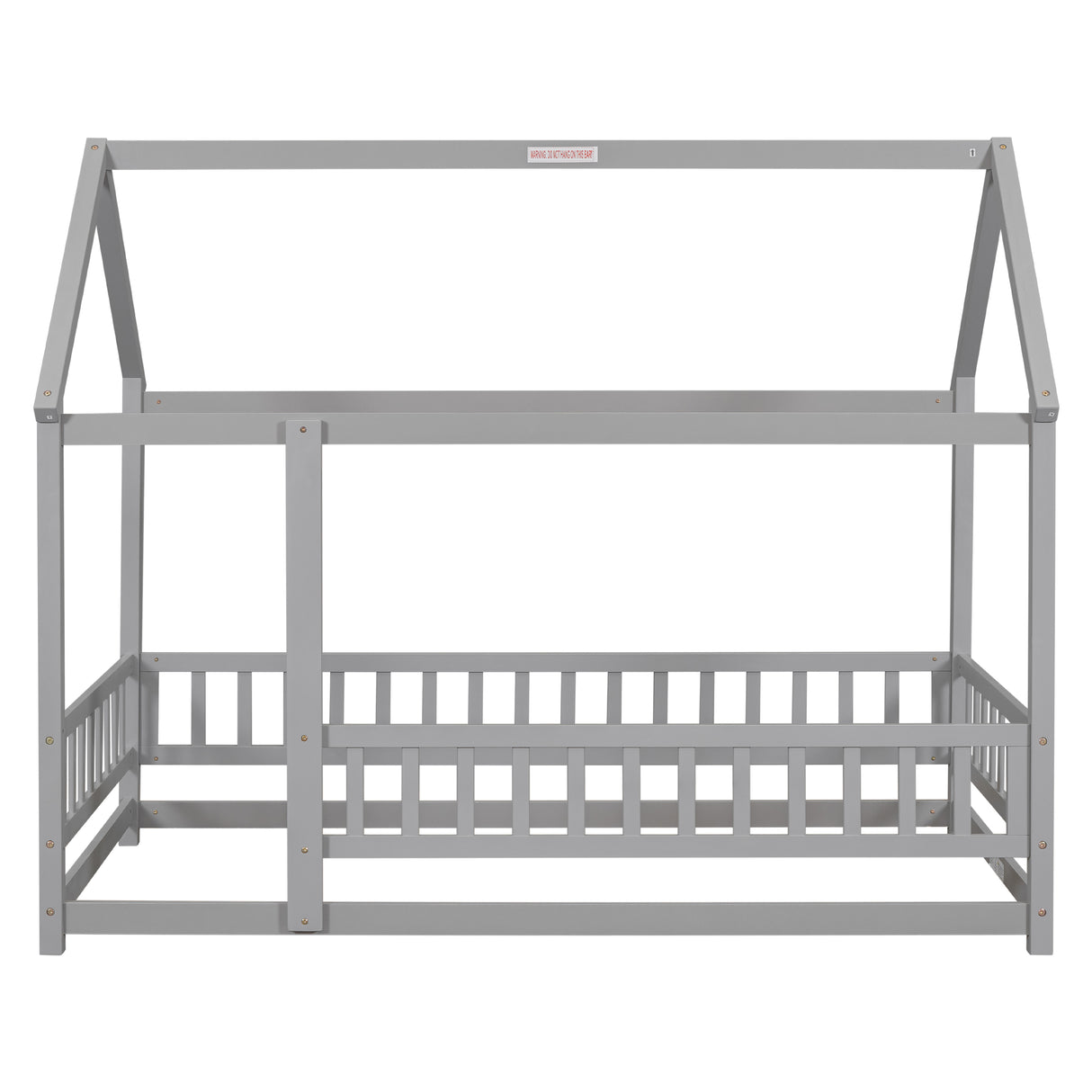 Twin Size Floor Wooden Bed with House Roof Frame, Fence Guardrails,Grey - V.I.P Digital Presence