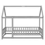 Twin Size Floor Wooden Bed with House Roof Frame, Fence Guardrails,Grey - V.I.P Digital Presence