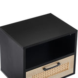 15.75" Rattan End table with drawer and solid wood legs Modern nightstand side table for living room black - V.I.P Digital Presence