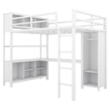 Metal loft bed with wardrobe and L-shaped desk, full-size loft bed with storage cabinet and shelf, white - V.I.P Digital Presence