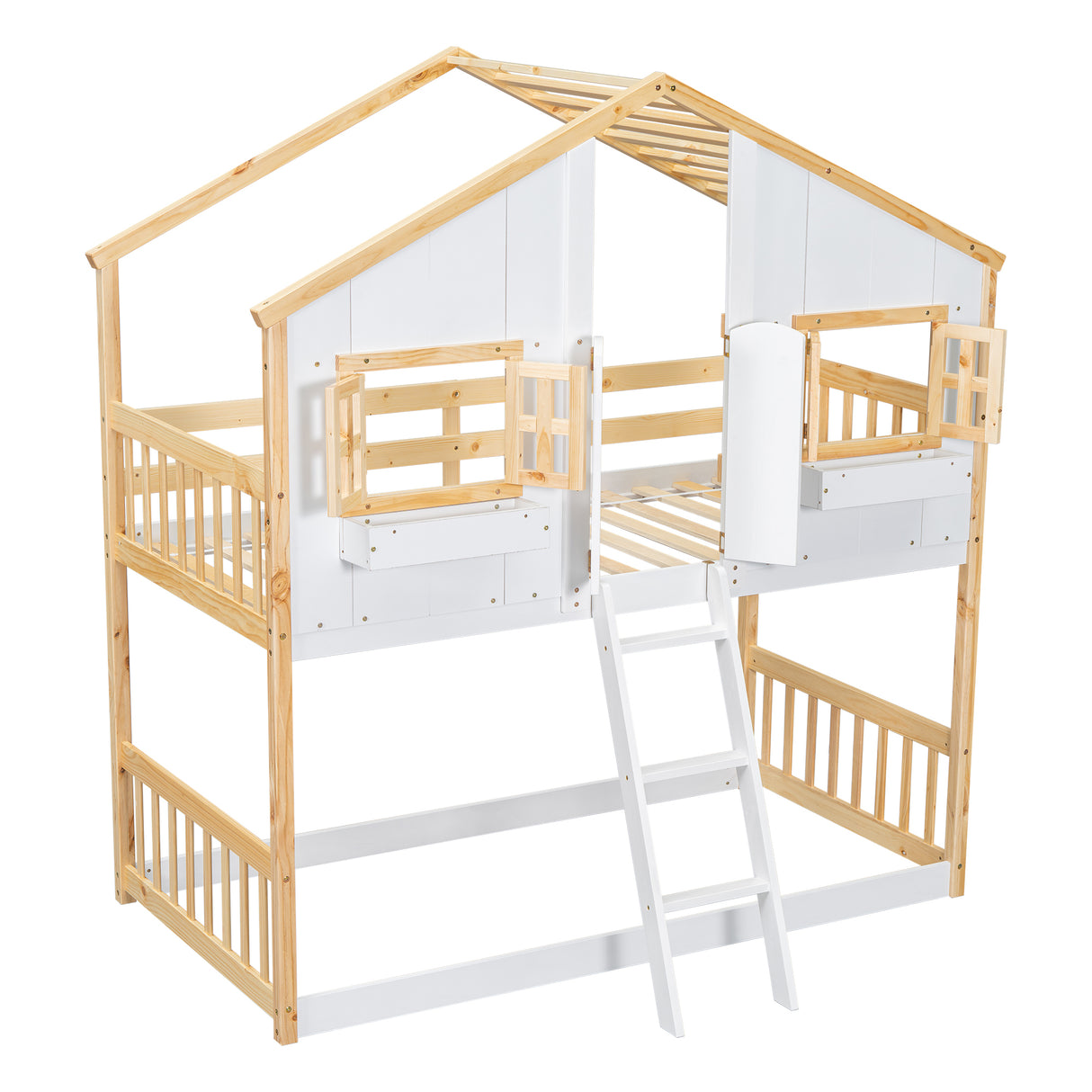 Twin over Twin House Bunk Bed with Roof , Window, Window Box, Door , with Safety Guardrails and Ladder, Natural/White - V.I.P Digital Presence