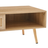 41.34" Rattan Coffee table sliding door for storage solid wood legs Modern table for living room  natural - V.I.P Digital Presence