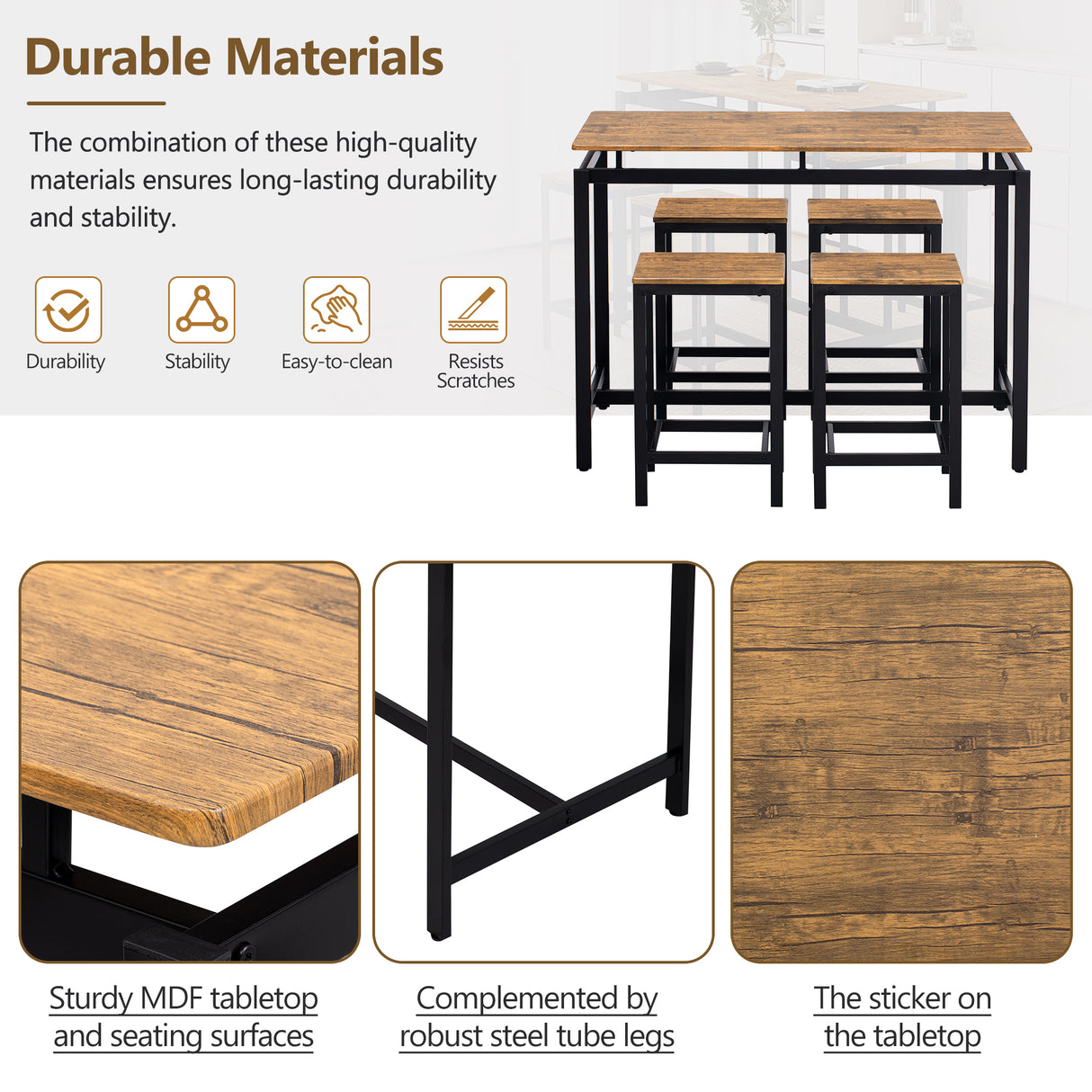 TREXM 5-piece compact bar table with table and stool - modern industrial design brown - V.I.P Digital Presence