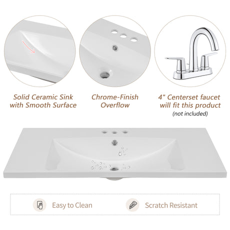 36" Single Bathroom Vanity Top with White Basin, 3-Faucet Holes, Ceramic, White - V.I.P Digital Presence