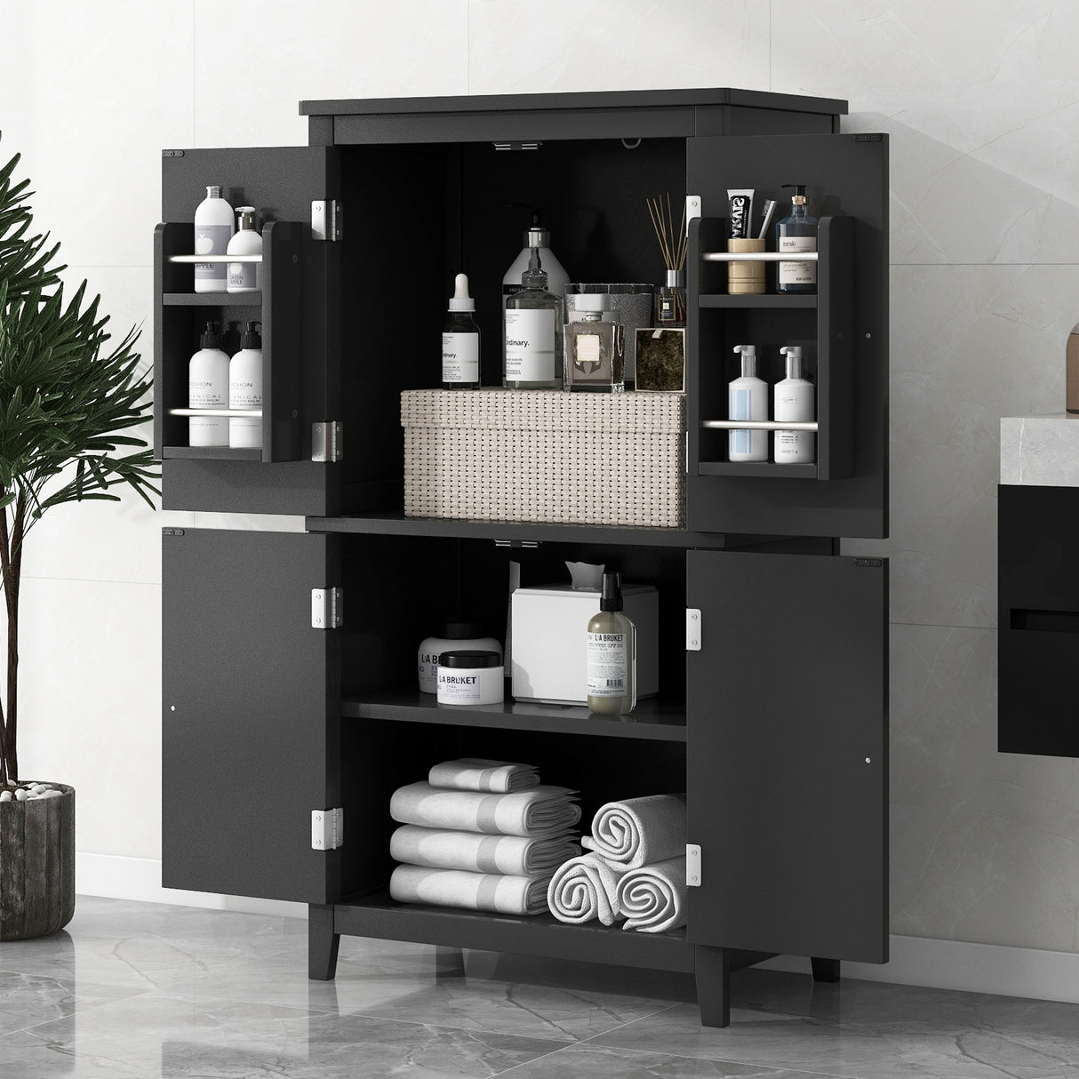 Bathroom floor storage cabinet, bathroom storage cabinet, 4-door independent cabinet, adjustable shelf, adaptive shelf, black - V.I.P Digital Presence