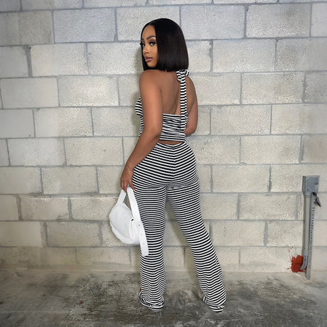Belted Short Top with Slim Pencil Skirt Two-Piece Set in Jacquard Stripe - V.I.P Digital Presence