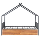 Twin Size Metal House Bed with Two Drawers, Black - V.I.P Digital Presence