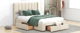 Full Size Upholstered Platform Bed with One Large Drawer in the Footboard and Drawer on Each Side Beige