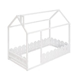 {Slats are not included}Twin Size Wood Bed House Bed Frame with Fence for KidsTeens Girls Boys {White}