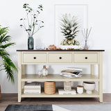 Retro Design Console Table with Two Open Shelves, Pine Solid Wood Frame and Legs for Living Room (Espresso+Beige) - V.I.P Digital Presence