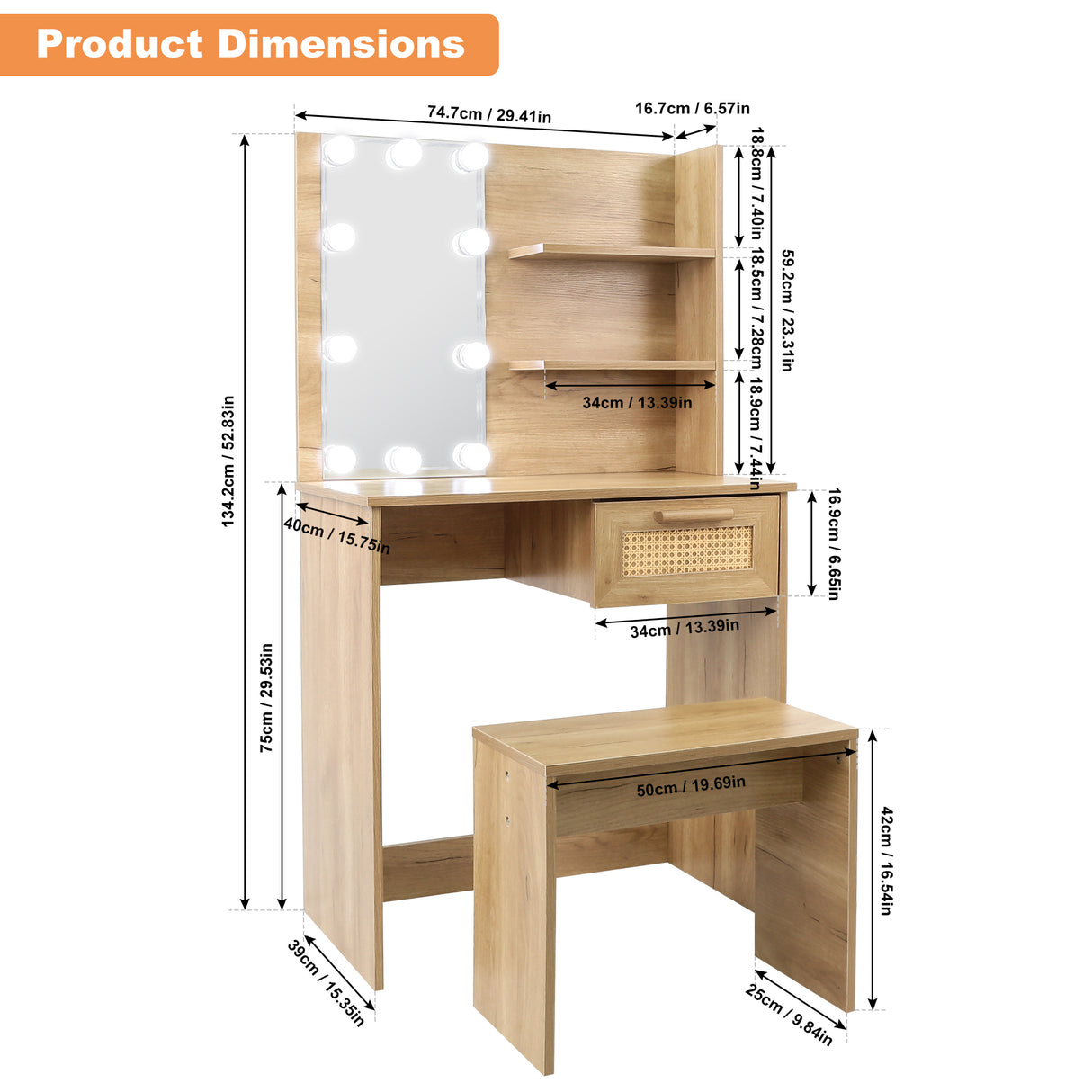 Vanity Desk Set Stool & Dressing Table with LED Lighting Mirror Drawer and Wood Cosmetic Table Chest of Drawers Nature Color - V.I.P Digital Presence