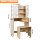 Vanity Desk Set Stool & Dressing Table with LED Lighting Mirror Drawer and Wood Cosmetic Table Chest of Drawers Nature Color - V.I.P Digital Presence