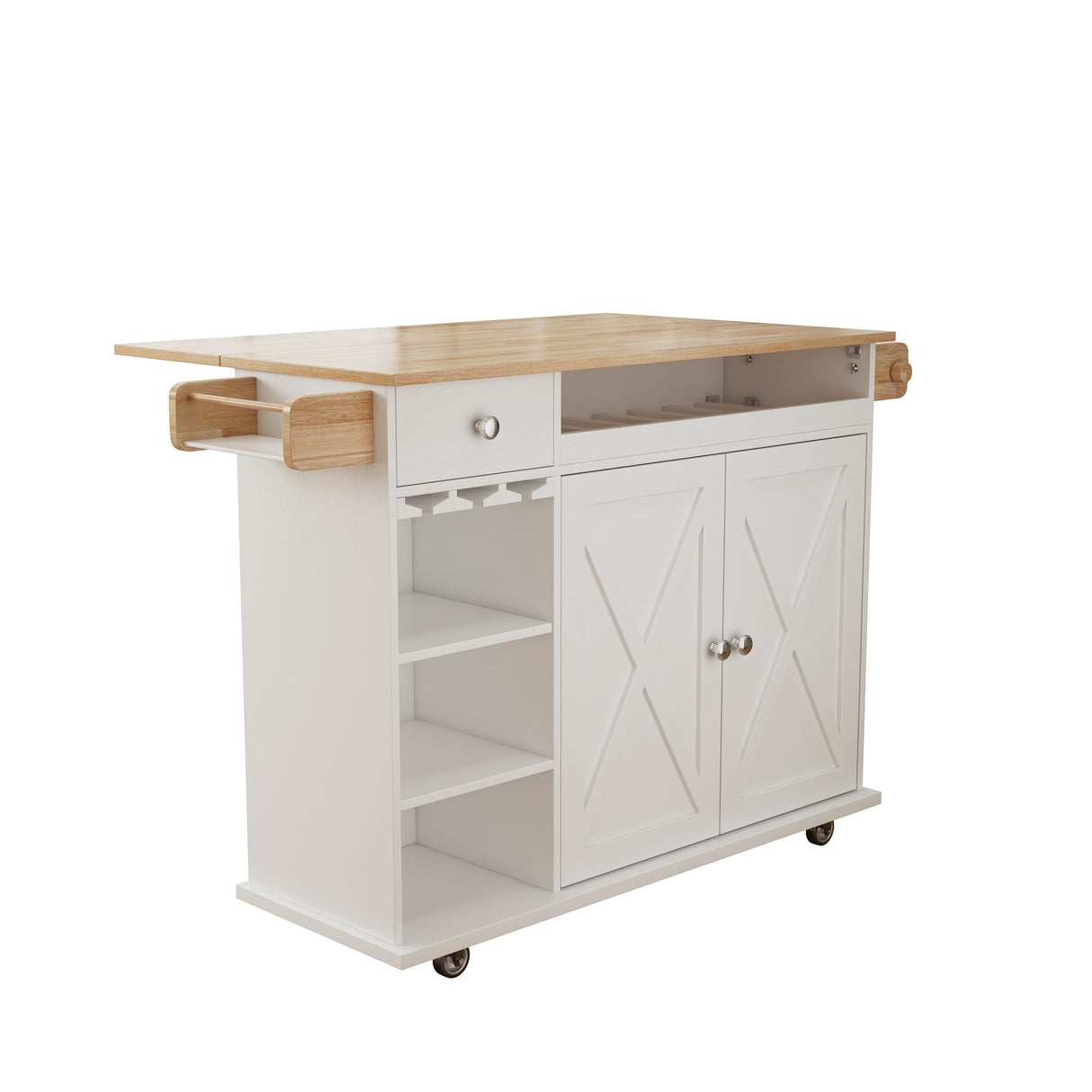 44 Inch Kitchen Island Cart with Solid Wood Top, Wine Storage, Spice Rack, Towel Rack, Wine Glass Holder White & Oak - V.I.P Digital Presence