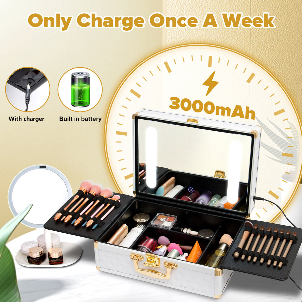 Portable makeup case, travel makeup bag with LED mirror, locked makeup storage box, brush holder, divider, rechargeable, white - V.I.P Digital Presence