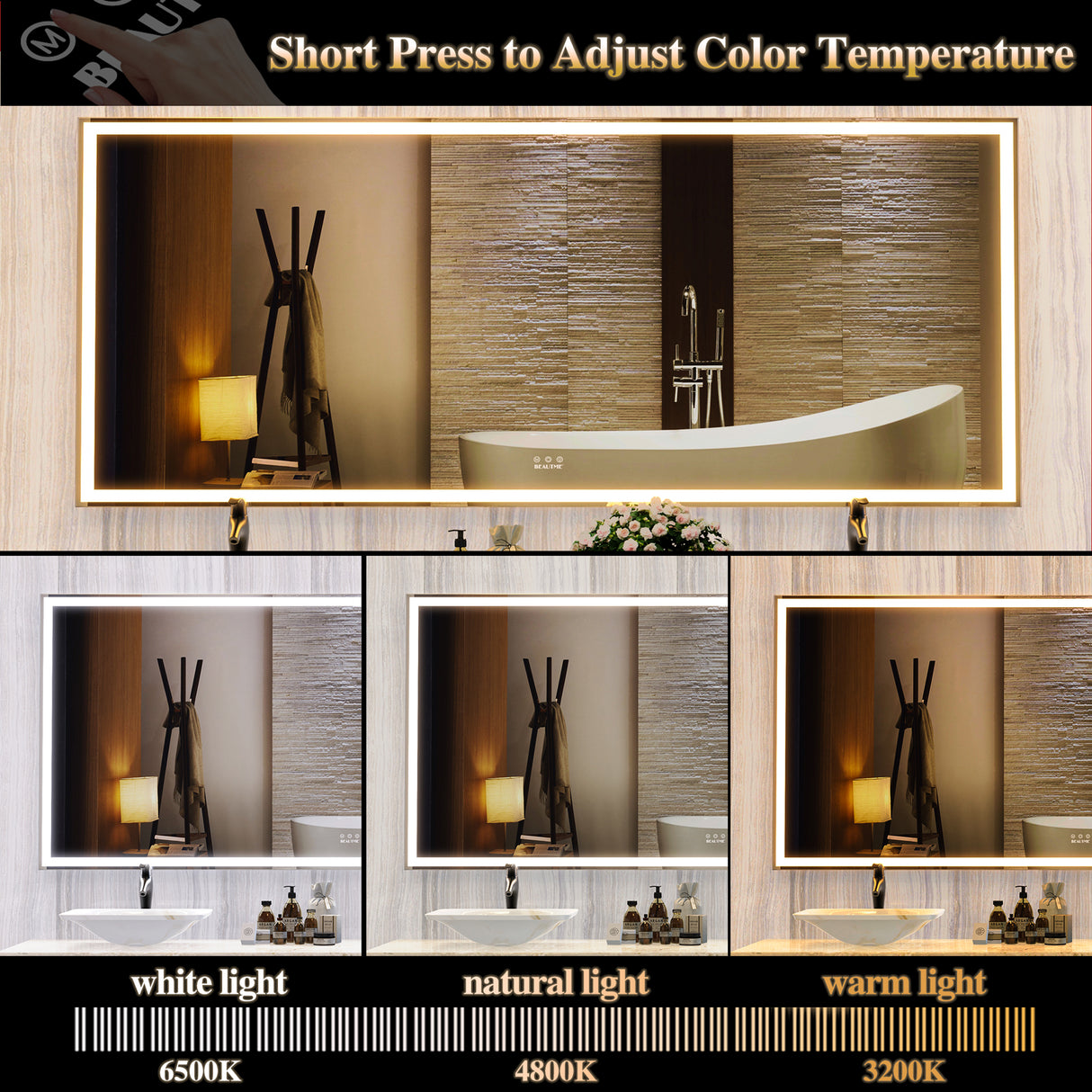 72X32 inch large LED bathroom mirror wall mounted mirror with 3 color modes, aluminum frame wall mounted light, full body mirror - V.I.P Digital Presence