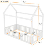 Twin Size Wood House Bed with Fence and Door, White - V.I.P Digital Presence
