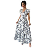 Spring Summer New Printed Ruffled V-Neck Sexy Fitted Slimming Long Dress Gown - V.I.P Digital Presence