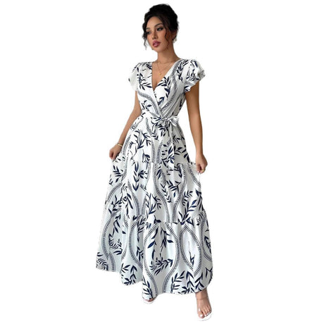 Spring Summer New Printed Ruffled V-Neck Sexy Fitted Slimming Long Dress Gown - V.I.P Digital Presence