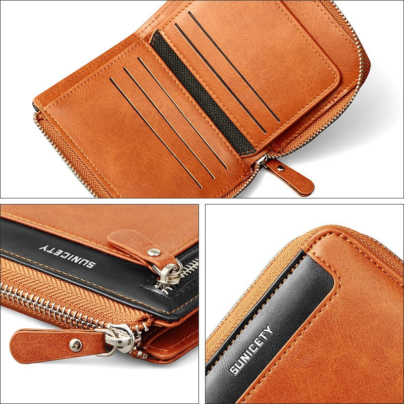 Wallet Men's Fashionable Leather Zipper Leather Bag RFID Multi Card Function ID Card Bag - V.I.P Digital Presence