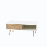 41.34" Rattan Coffee table sliding door for storage solid wood legs White - V.I.P Digital Presence
