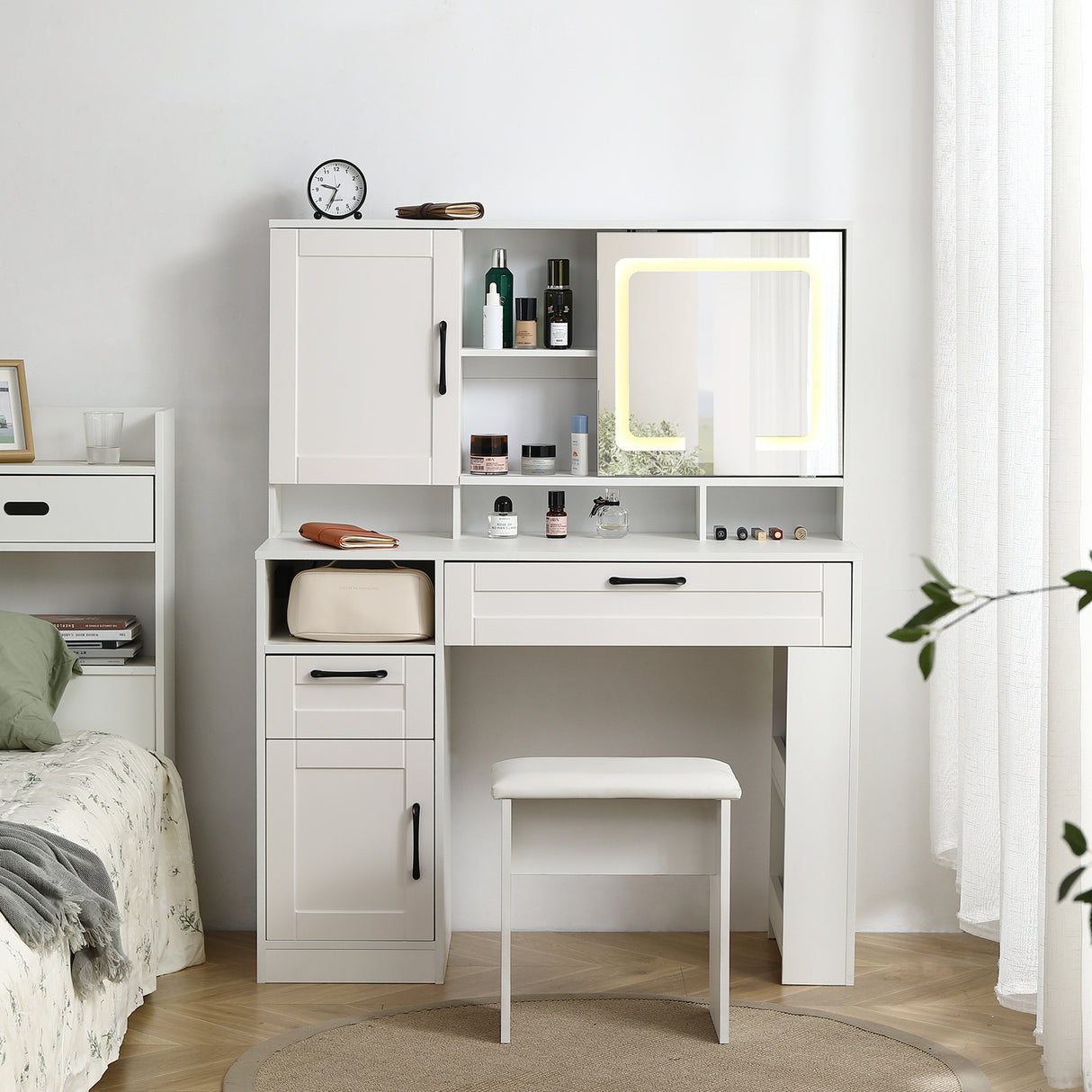 Vanity table with large sliding lighted mirror dressing table with 2 drawers storage shelves and upholstered stool white color
