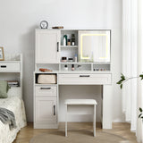 Vanity table with large sliding lighted mirror dressing table with 2 drawers storage shelves and upholstered stool white color