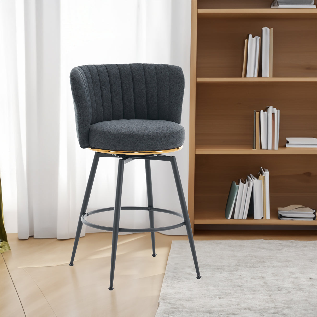 A set of 2 gray rotating bar stools - high backrest, adjustable, with elegant metal backrest decoration - V.I.P Digital Presence