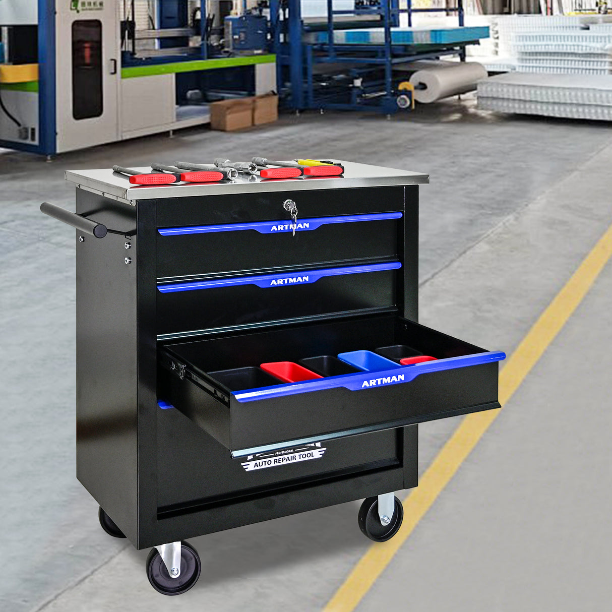 4 DRAWERS MULTIFUNCTIONAL TOOL CART WITH WHEELS-BLACK - V.I.P Digital Presence