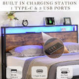 Large bed frame with storage headboard and 2 drawers, LED light bed, charging station, metal platform bed - V.I.P Digital Presence