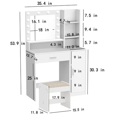 Large drawer with mirror and light, three-layer storage vanity, adjustable brightness for 3 lighting modes (white with stool) - V.I.P Digital Presence
