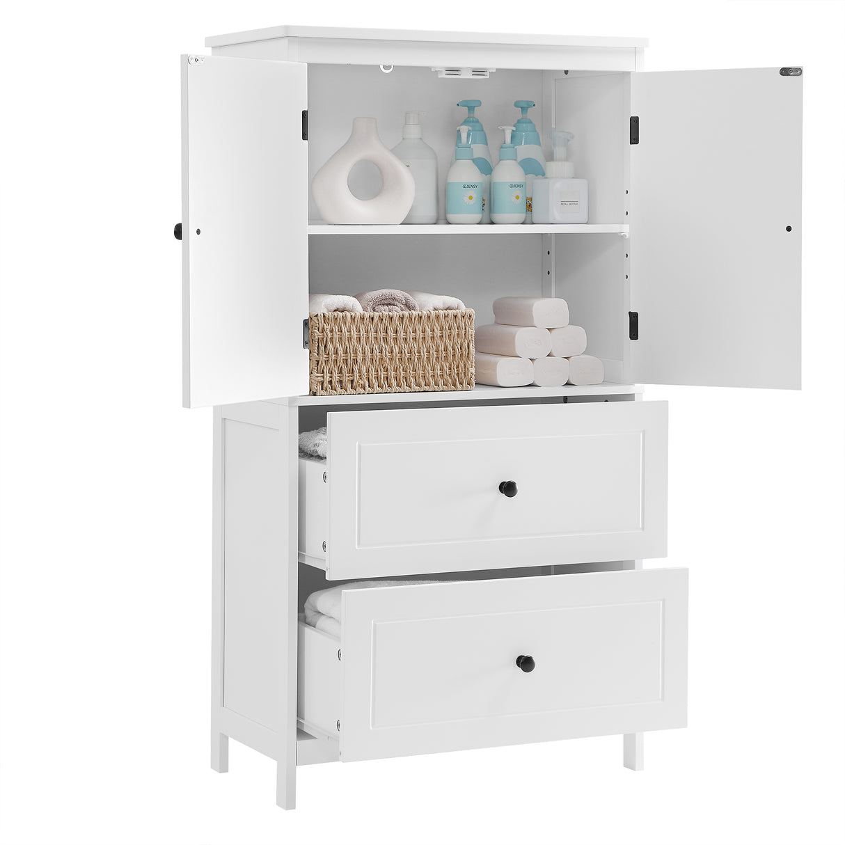 Bathroom Storage Cabinet, Cabinet with Two Doors and Drawers, Adjustable Shelf, MDF Board, White - V.I.P Digital Presence