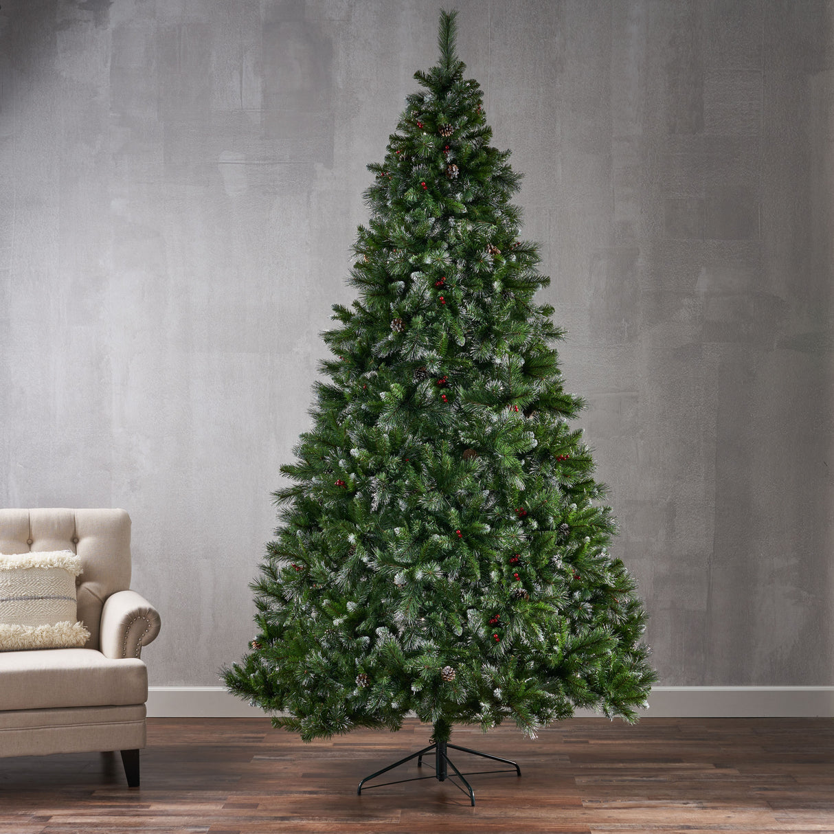 9' Glitter Bristle Mixed Hinged Tree with 72 Red Berry and 73 Pine Cones and 2099 tips,Dia:66 - V.I.P Digital Presence