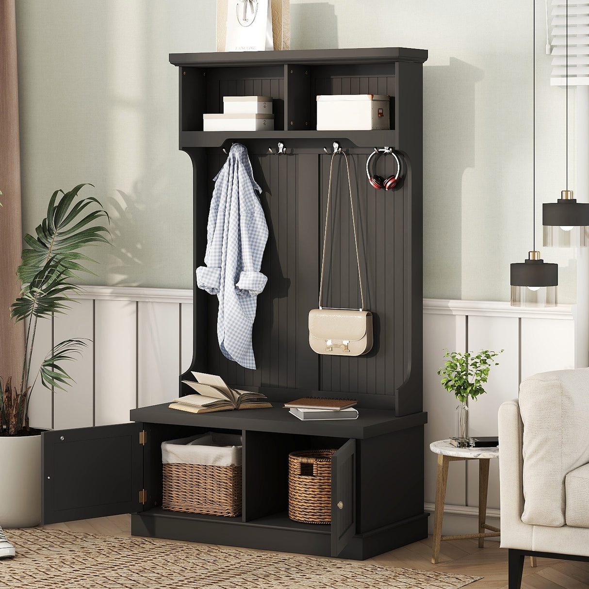 Hall Tree with Storage Shoe Bench for Entryway and Hallway, 4-in-1 Design Coat Racks with 4 Hooks for Living Room, Black - V.I.P Digital Presence