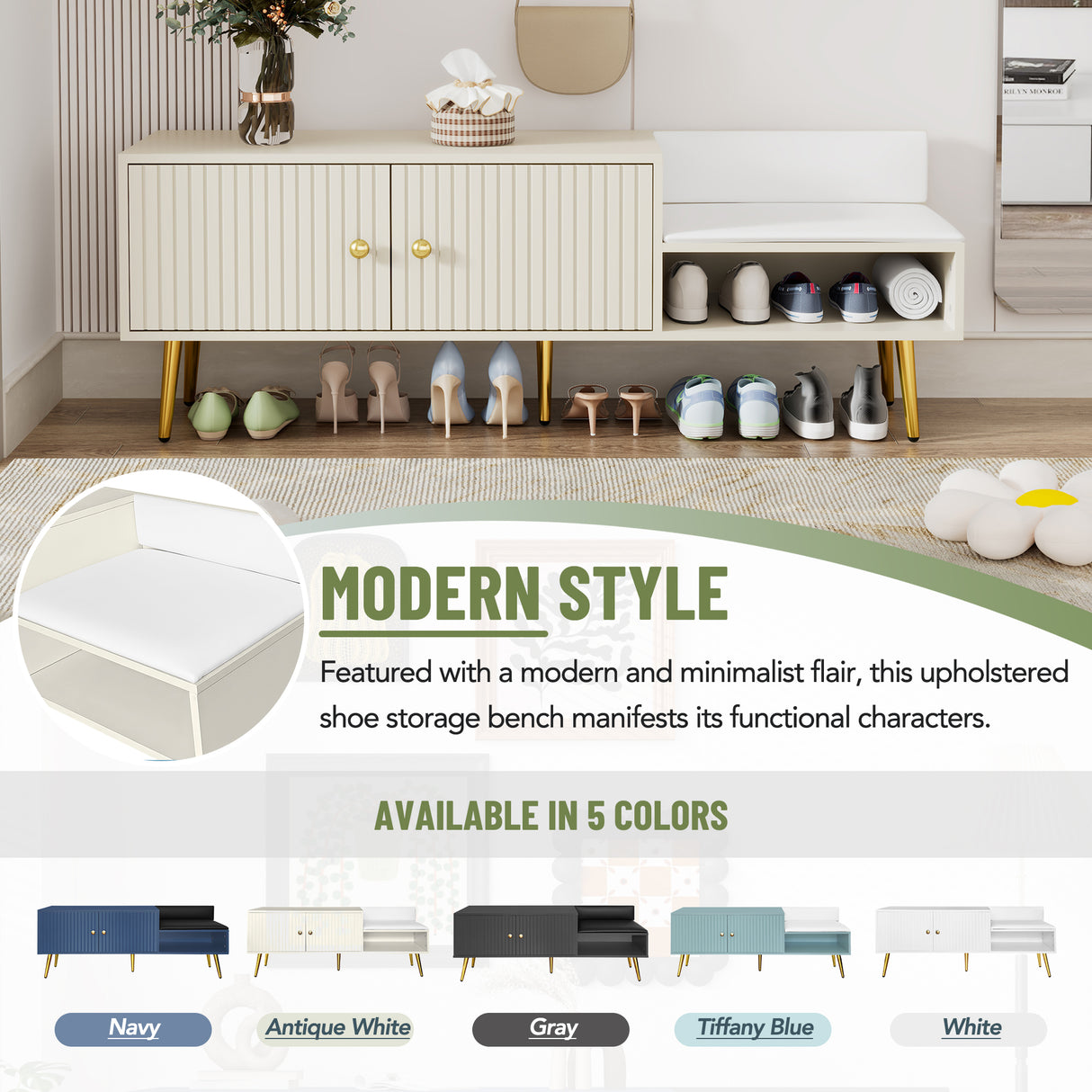 Modern Shoe Storage Bench with Hidden Storage and Upholstered Cushions for Bedside, Living Room and Entryway ((Antique White) - V.I.P Digital Presence
